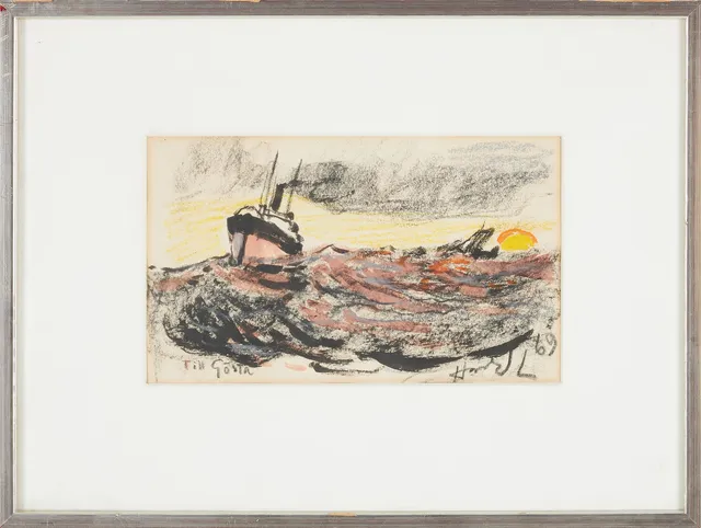HARALD LINDBERG. Fartyg på havet, pastell, signerad Harald L, -69, med dedikation.