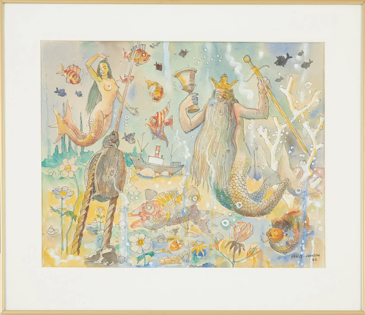 JOHN HAAVS JOHNSON. akvarell på papper, figurscen med sjöjungfru och triton, signerad samt daterad -62. — Paintings — Stockholms Auktionsverk Sickla