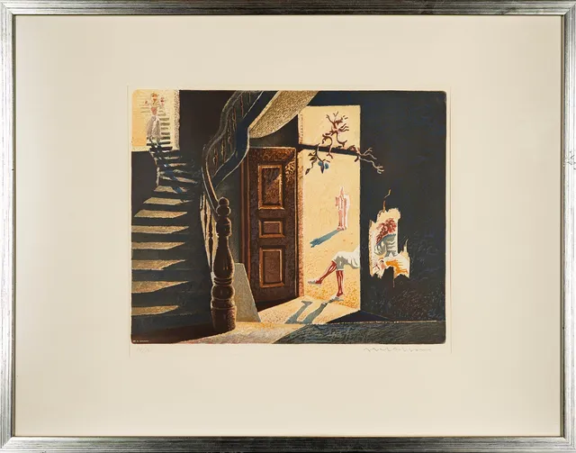 AXEL OLSON. Färglitografi, "Öppen dörr", Numrerad: 80/360, Signerad.