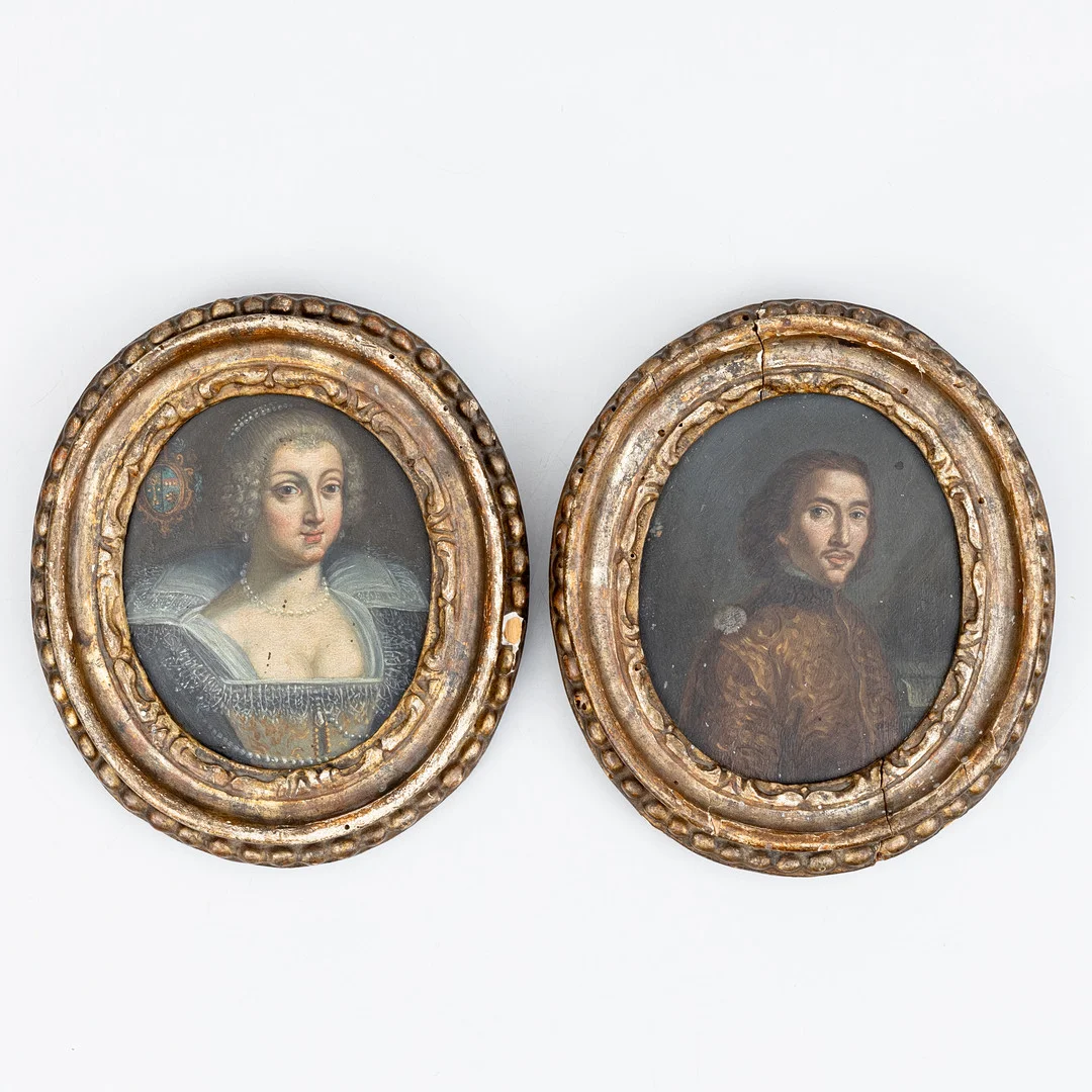 MINIATYRPORTRÄTT, 2 st, olja på kopparplåt, man och kvinna, 16/1700-tal. — Paintings — Auktionshuset Kolonn