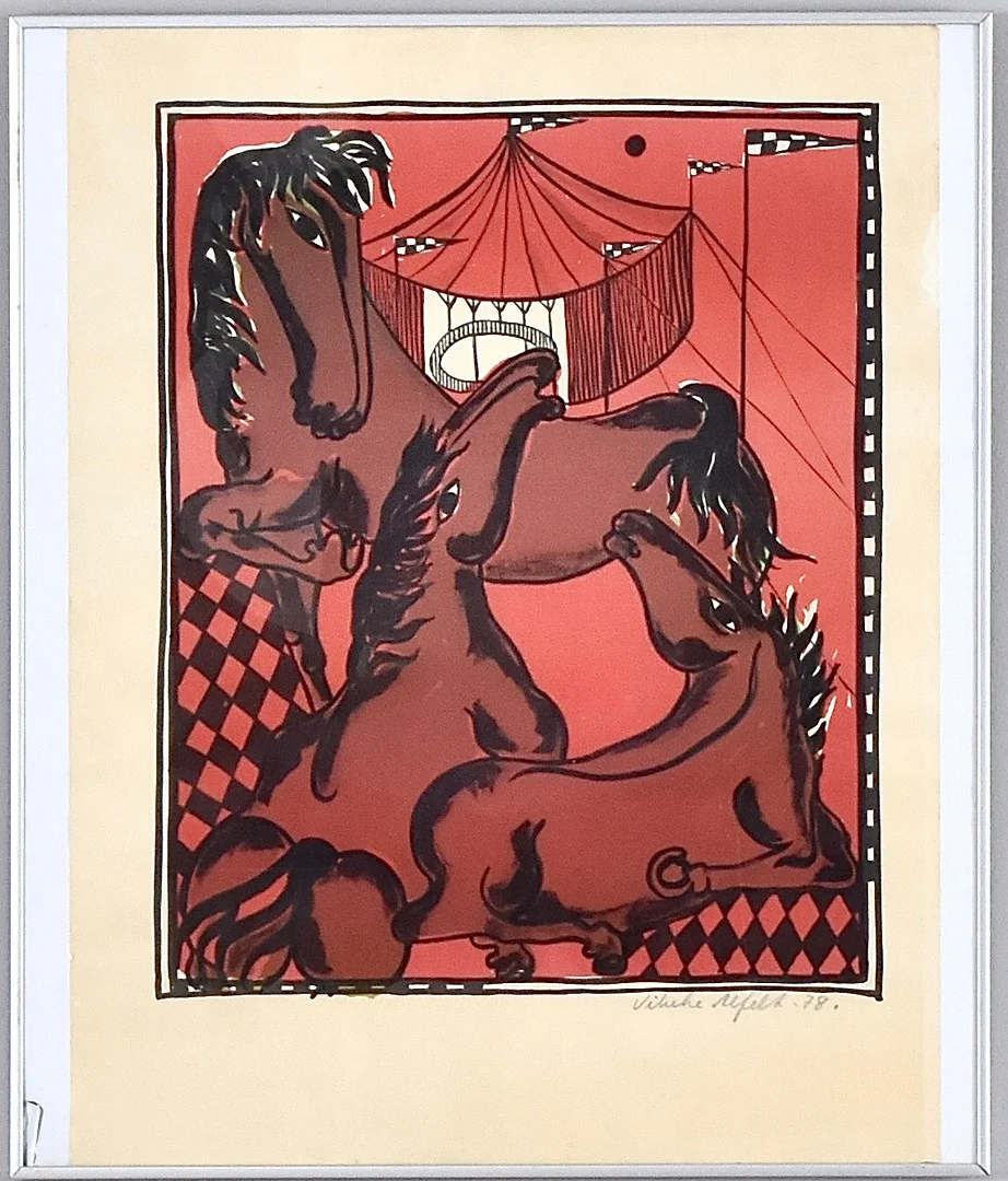 VIBEKE ALFELT. färgliotgrafi, hästar. — Engravings & Prints — Halmstads Auktionskammare