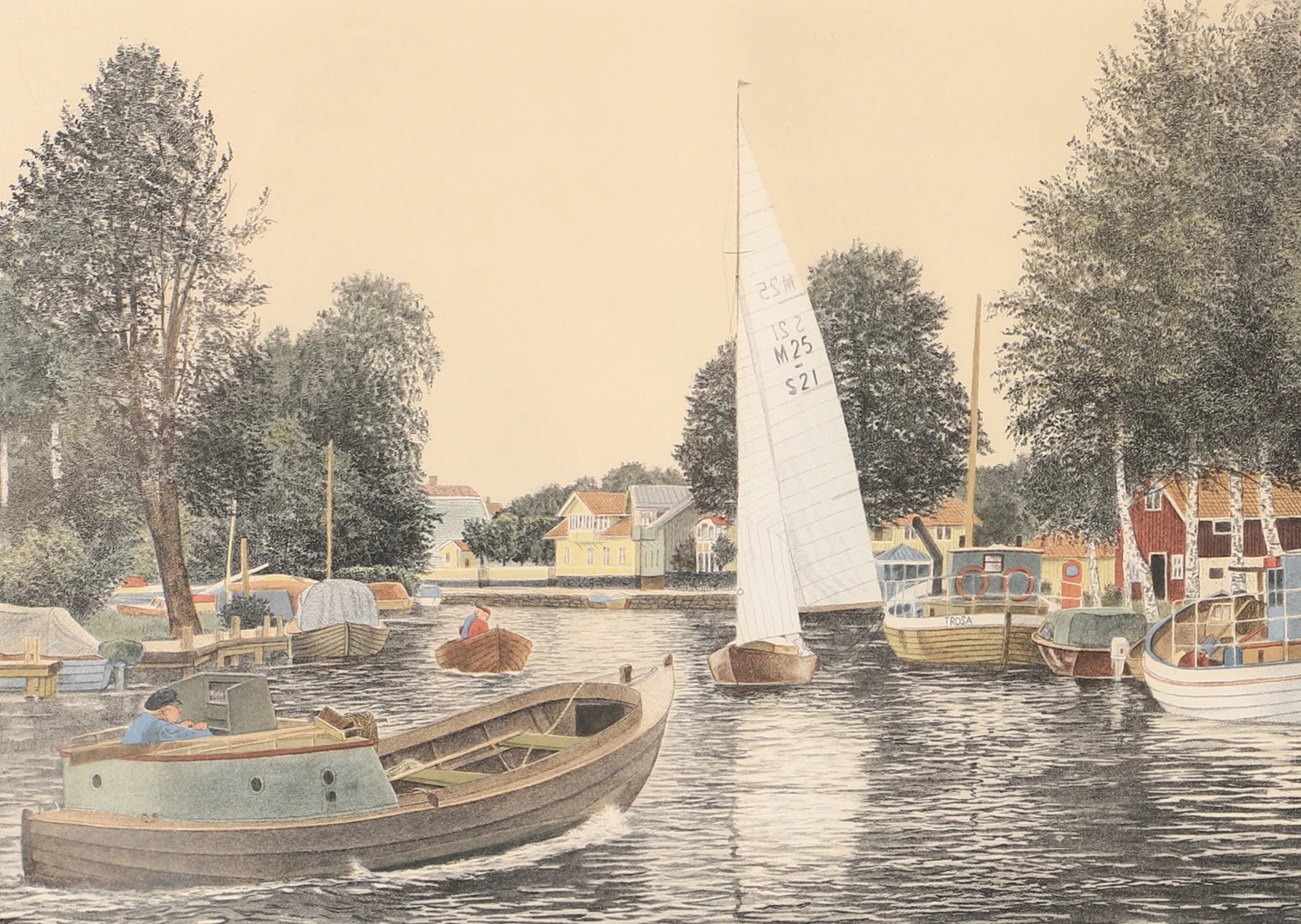 REINHOLD LJUNGGREN. "Hamnen Trosa", färglitografi signerad R. Ljunggren. — Engravings & Prints — Helsingborgs Auktionskammare
