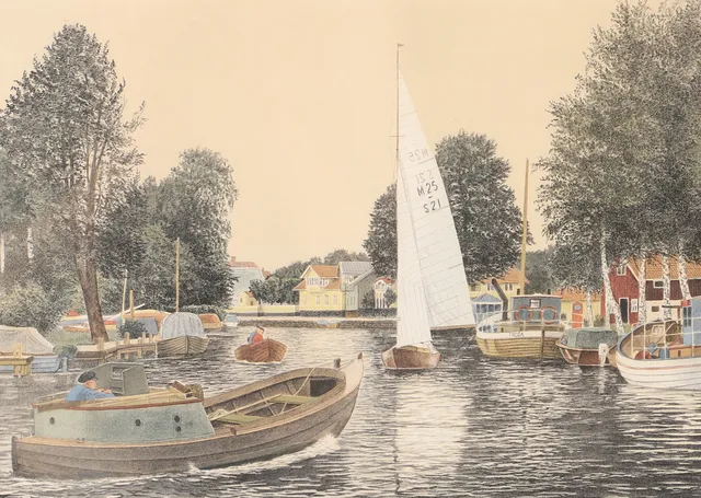 REINHOLD LJUNGGREN. "Hamnen Trosa", färglitografi signerad R. Ljunggren.