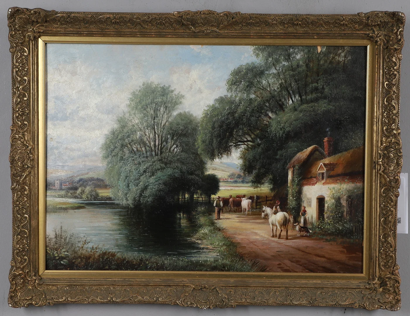 FOLLOWER OF WALTER WILLIAMS (FL.1841-1881). COUNTRFOLK AND LIVESTOCK BY A COTTAGE NEAR A POOL. — Paintings — Lawrences Auctioneers