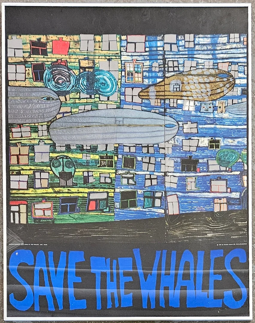 FRIEDENSREICH HUNDERTWASSER. "Save the whales". Offsettryck, präglat, Gruener Janura AG, Glarus/Switzerland. — Engravings & Prints — Auktionshuset Thörner & Ek