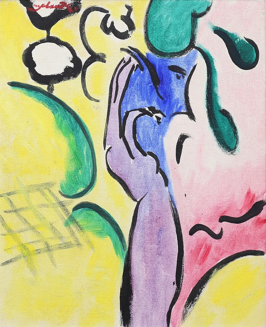 ROLAND K NILSSON. (Född 1942) Komposition, på pannå, signerad Roland K. — Paintings — Auktionshuset Thelin & Johansson