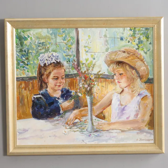 ALEX TIMCHENKO. OLJA PÅ DUK, flickor med blomster, signerad.