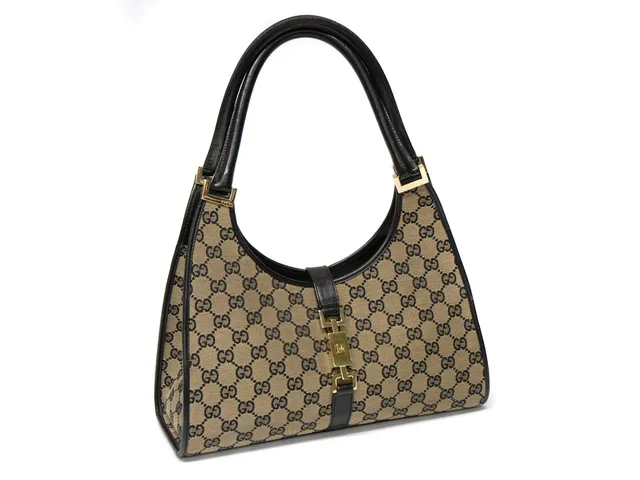 VÄSKA, GUCCI svart/beige tyg/läder 30x23x8 cm dustbag
