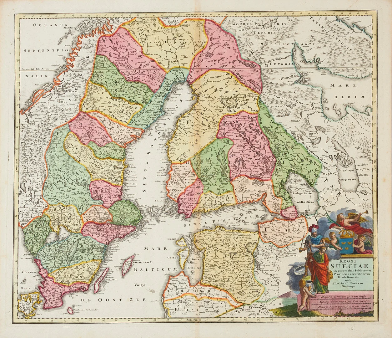 KARTA SKANDINAVIEN AV HOMANN, REGNI SUECIAE, ca 1730. — Maps — Stockholms Auktionsverk Magasin 5