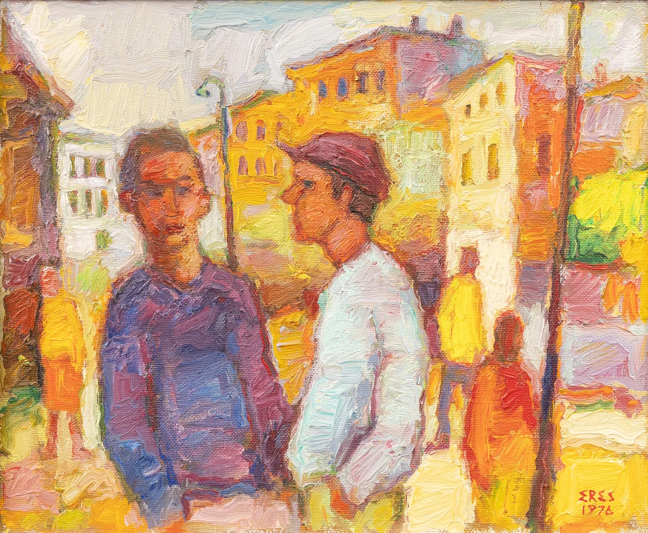 ARNOLD ERES (ESTLAND/SVERIGE, 1917-1986). "Småstadsbild 1976", olja på duk, signerad. — Paintings — Garpenhus Auktioner