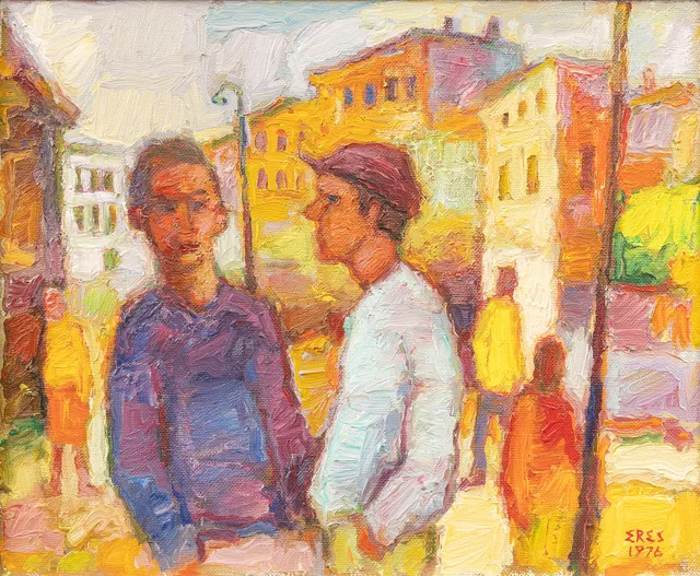ARNOLD ERES (ESTLAND/SVERIGE, 1917-1986). "Småstadsbild 1976", olja på duk, signerad.