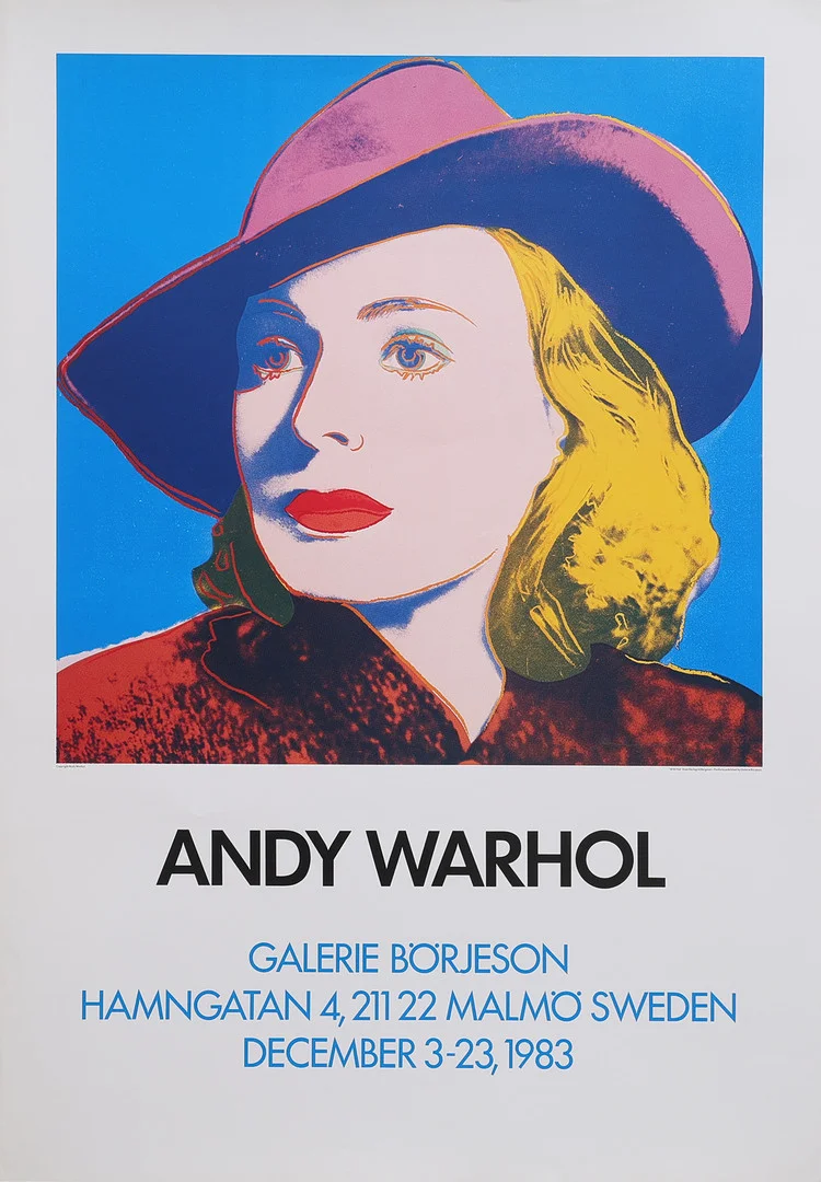 ANDY WARHOL. EFTER. UTSTÄLLNINGSAFFISCH, INGRID BERGMAN "WITH HAT", GALERIE BÖRJESON 1983. — Engravings & Prints — Crafoord Auktioner Lund