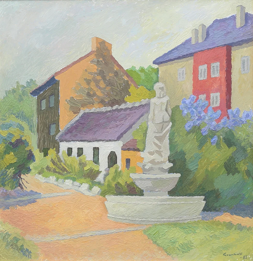 ARNE GRANHALL (1915-2004). "Hus vid en park Budapest", olja på pannå, signerad, daterad -83. — Paintings — Auktionshuset Thelin & Johansson