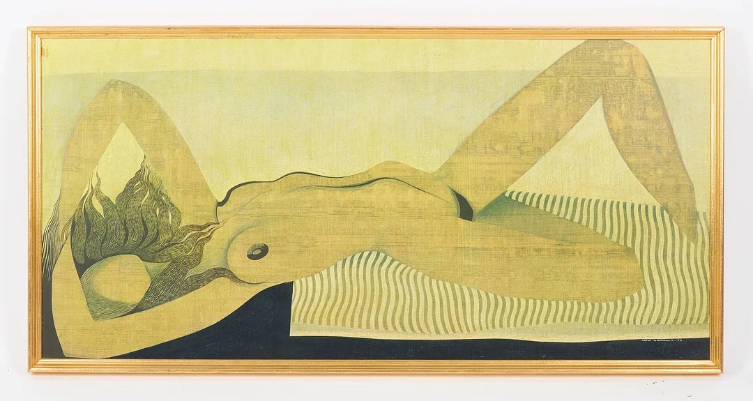 TAPIO KINNUNEN (1934-1981). Liggande modell, signerad samt daterad -72, olja och blandteknik på pannå. — Paintings — Stockholms Auktionsverk Helsinki