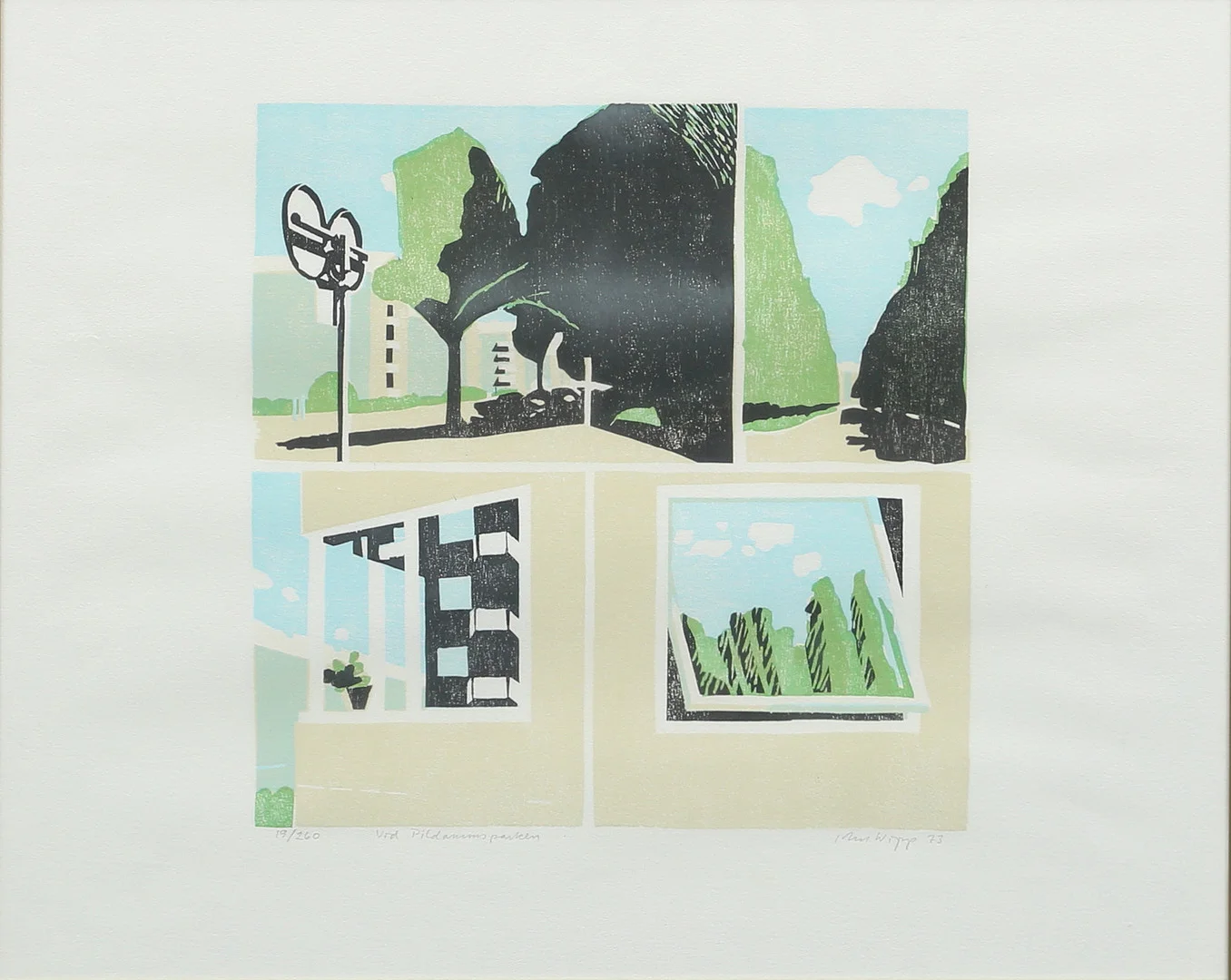JOHN WIPP. "Vid Pildamsparken", färglitografi, signerat och daterat -73. — Engravings & Prints — Garpenhus Auktioner