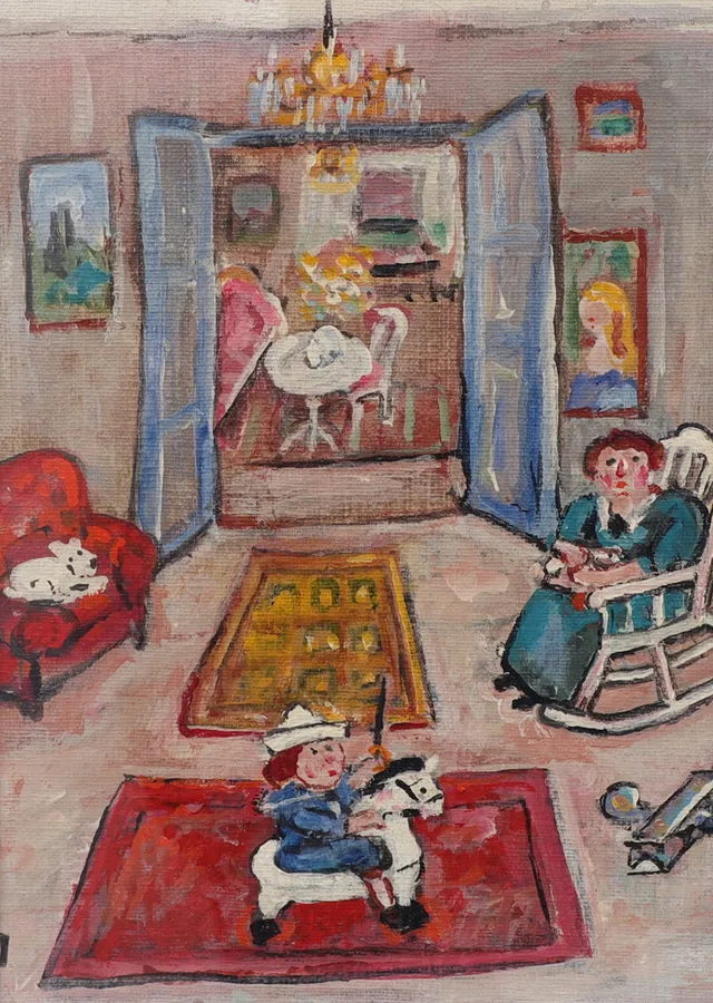 KRISTINA JÖRED. "Hos mormor", olja på duk/pannå, signerad.
