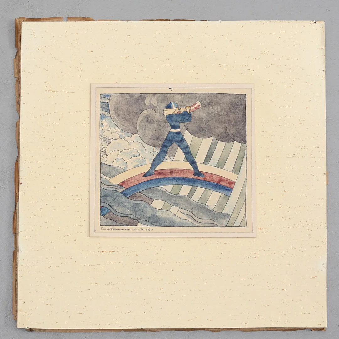ERNST HANSEN. Heimdall, stående på Bifrost. Akvarell, signerad och daterad 16. — Paintings — Auktionshuset Thelin & Johansson