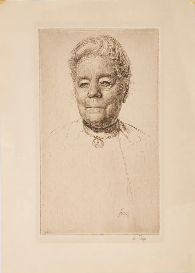 AXEL FRIDELL. Porträtt av Selma Lagerlöf, torrnålsgravyr.
