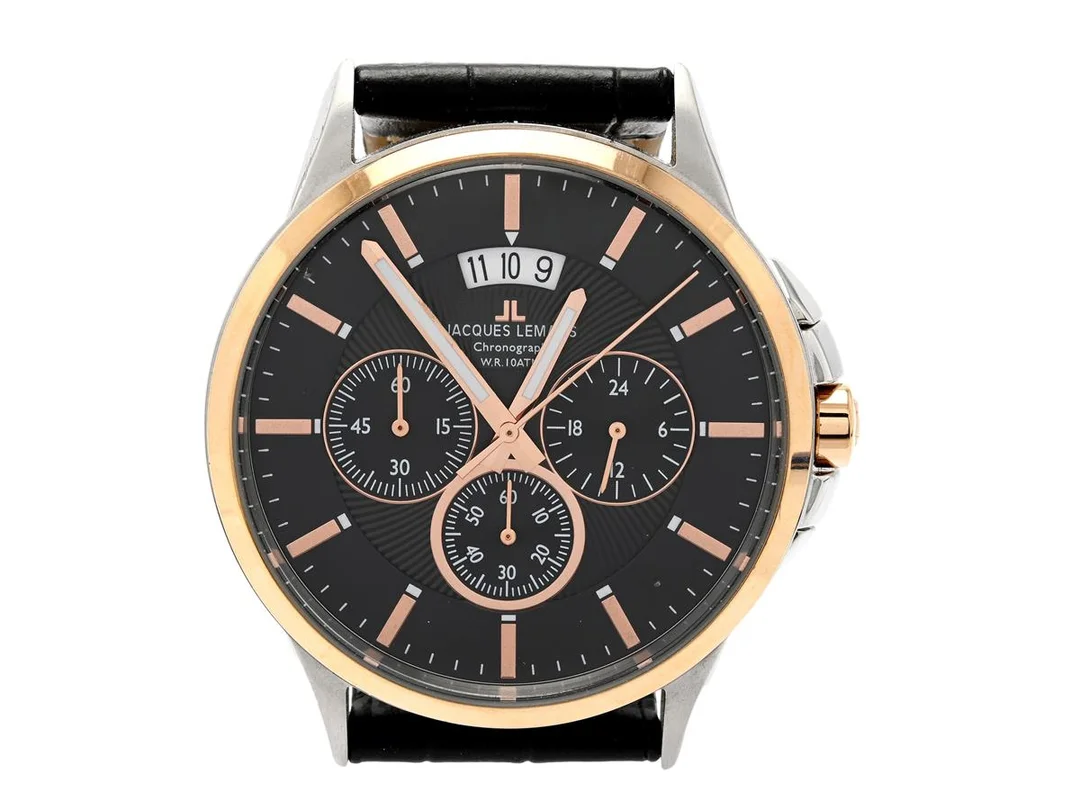 JACQUES LEMANS, Sydney, Boett nr. 1-1542.1, herrur, 42 mm, bicolour, quartz, mineralglas, datum, 24-timmarsvisning, läderband, originalspänne, ca 2010. — Klockor/Jacques Lemans — Kaplans