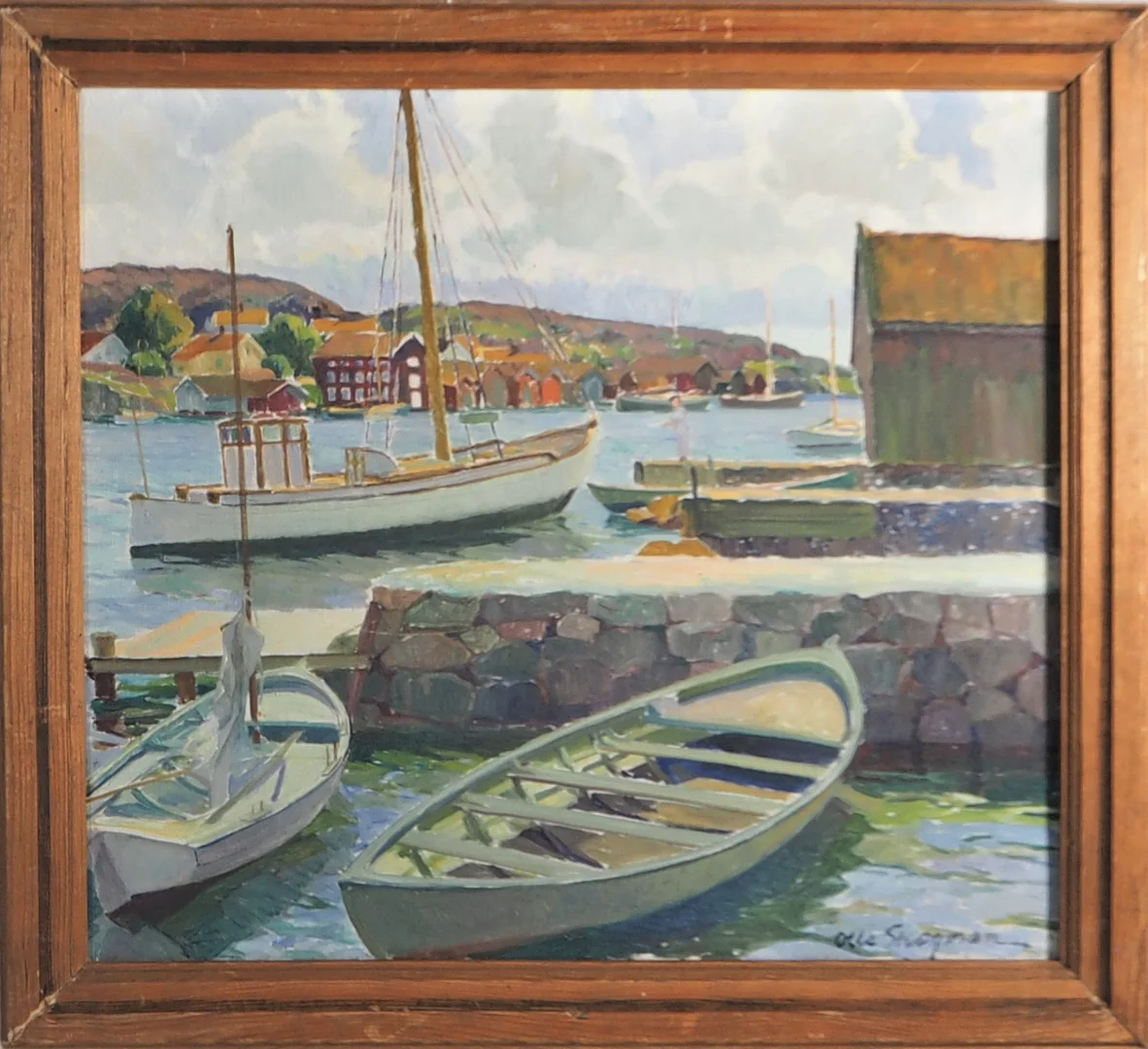 OLLE SKOGMAN. olja på duk, motiv från Fiskebäckskil över Östersidan, Signerad. — Paintings — Lysekils Auktionsbyrå