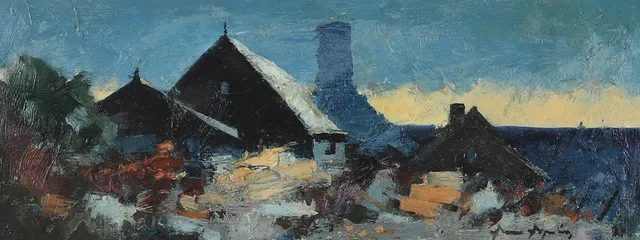 ARNE ASPELIN. Landskap med hus, olja på duk, signerad.