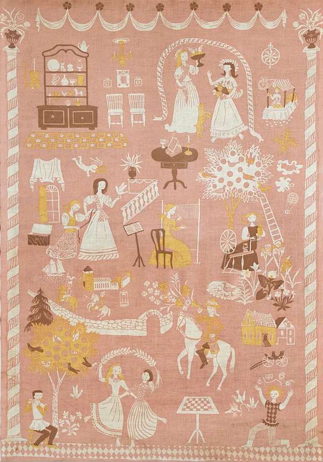 GOCKEN JOBS. väggbonad, handtryck, "prinsessor", 1900-tal, signerad G.Jobs, uppspänd på ram.