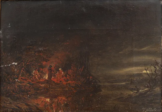 KILIAN ZOLL. OLJA PÅ DUK, FAMILJ RUNT ELD I MÅNSKEN, SIGNERAD OCH DATERAD 1851.
