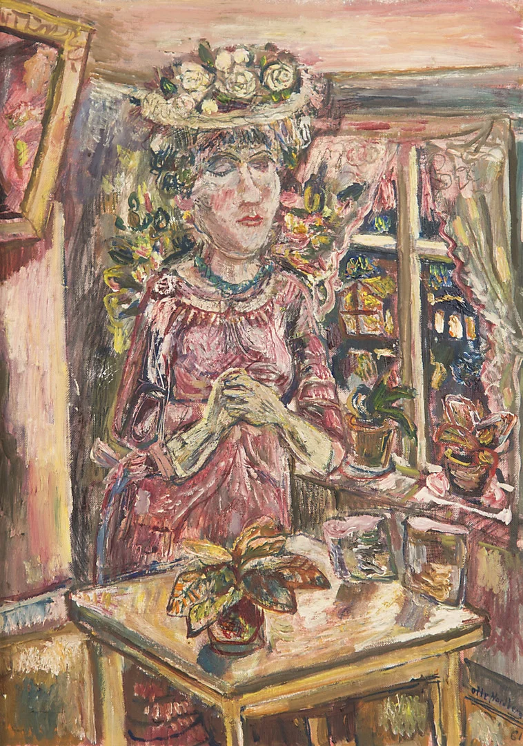 OLLE NORDBERG. Kvinna med blomsterhatt, olja på pannå, signerad -61. — Paintings — Helsingborgs Auktionskammare