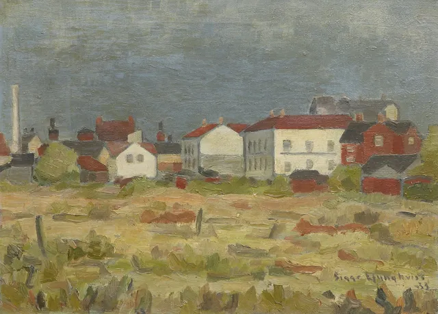 SIGGE LJUNGKVIST. Olja på duk, "Solbelysta hus", signerad och daterad 33.