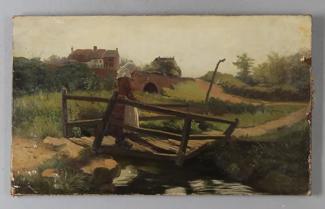 GEORGE HENRY BOUGHTON. Flicka på bro, olja på duk, signerad.