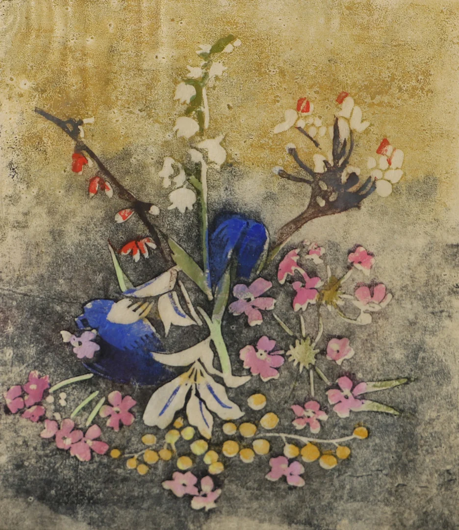 MAJA FJAESTAD. "Februariblommor", färgträsnitt, signerad. — Engravings & Prints — Helsingborgs Auktionskammare