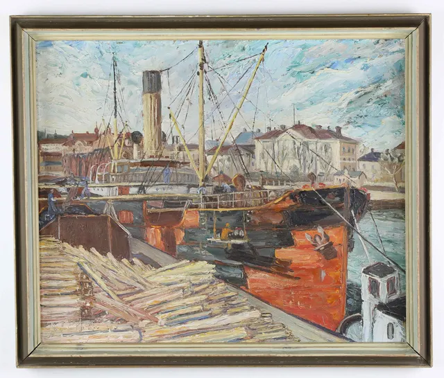 GÖSTA BOHM. Olja på pannå, Båt i hamnen i Hudiksvall, signerad och daterad 1933.