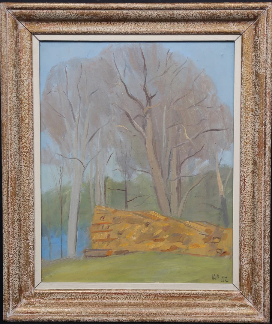 IVAR ANDERSSON. "Vedstapeln". Olja på pannå, signerad och daterad IAN 42. — Paintings — Gomér & Andersson Linköping