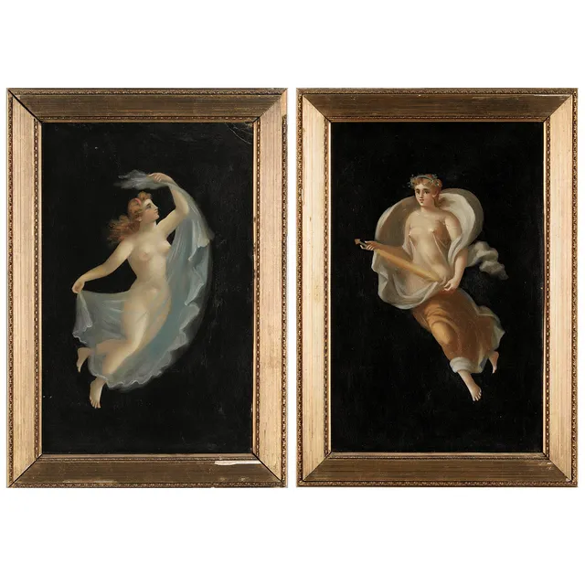 OIDENTIFERAD KONSTNÄR. omkring 1900, 2 st., antikiserande motiv, från pompeii, olja på pannå.