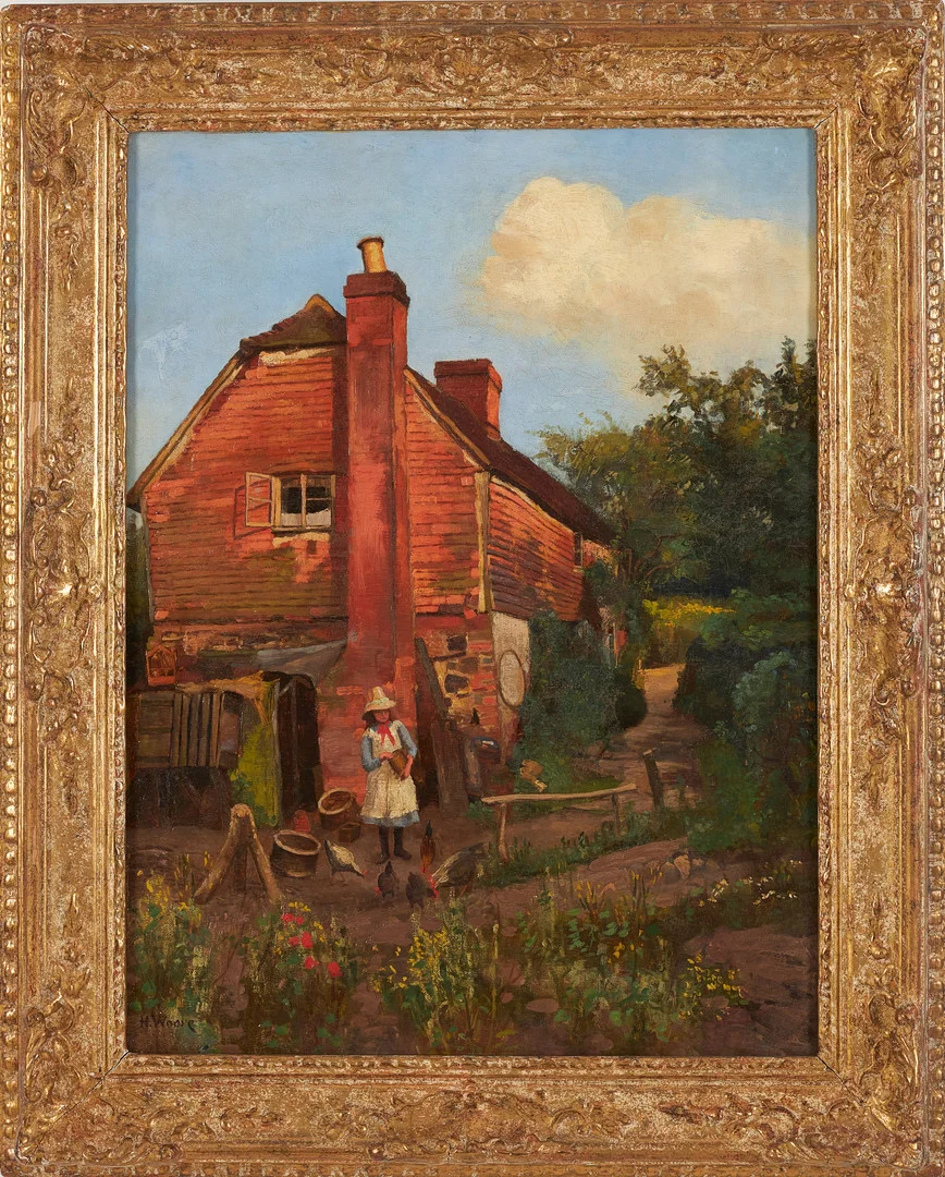 OIDENTIFIERAD KONSTNÄR, föreställande flicka vid stuga, olja på duk, signerad. — Paintings — Stockholms Auktionsverk Sickla