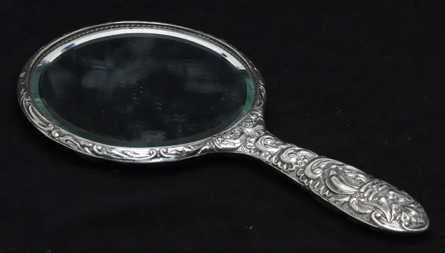 HANDSPEGEL, silver, slipat glas, Broadway & Co, Birmingham England, 1956.