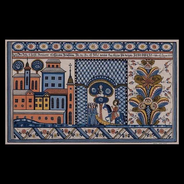 HANS PRINS. TEXTIL HANDTRYCK "JESU CHRISTI INRIDANDE I JERUSALEM" KOPIA HANS PRINS, LEKSAND.