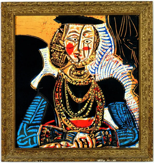 AFTER PABLO PICASSO. YOUNG WOMAN AFTER CRANACH ON SILK.