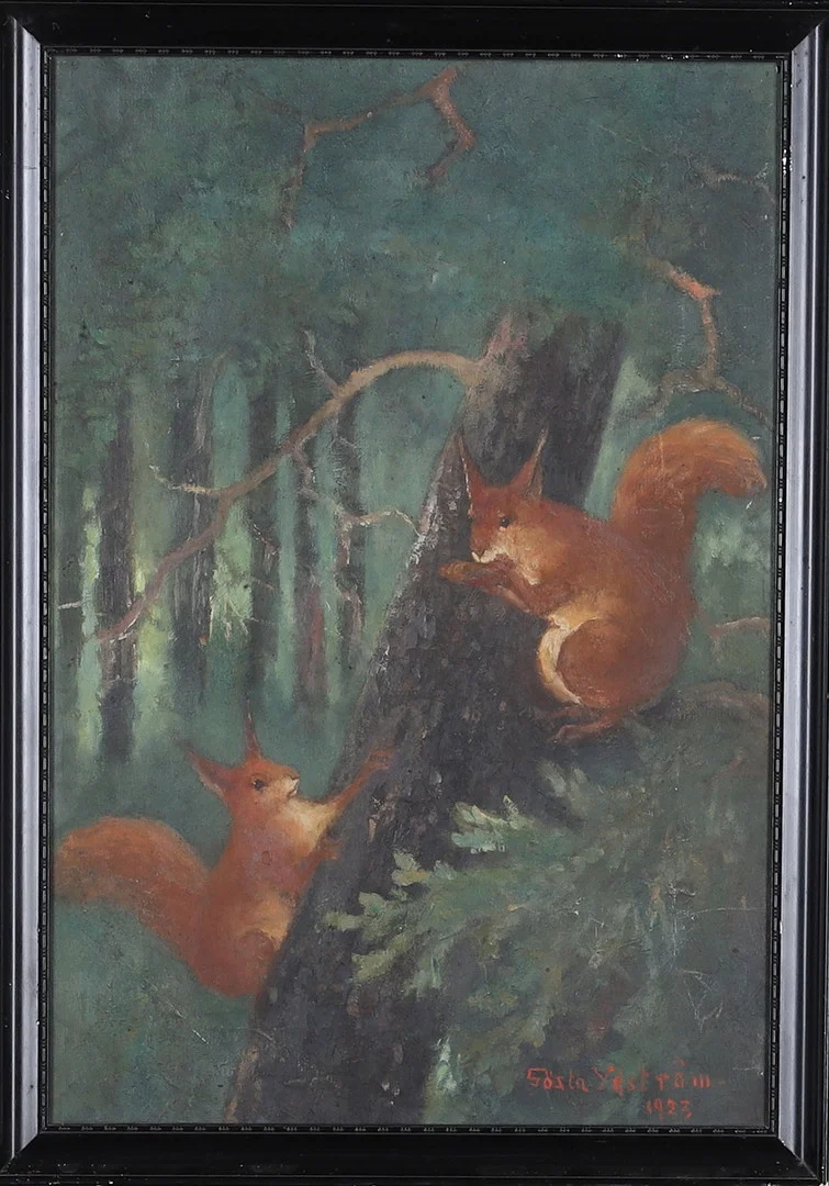 GÖSTA YDSTRÖM. Olja på duk, Ekorrar, signerad och daterad 1923. — Paintings — Gomér & Andersson Norrköping