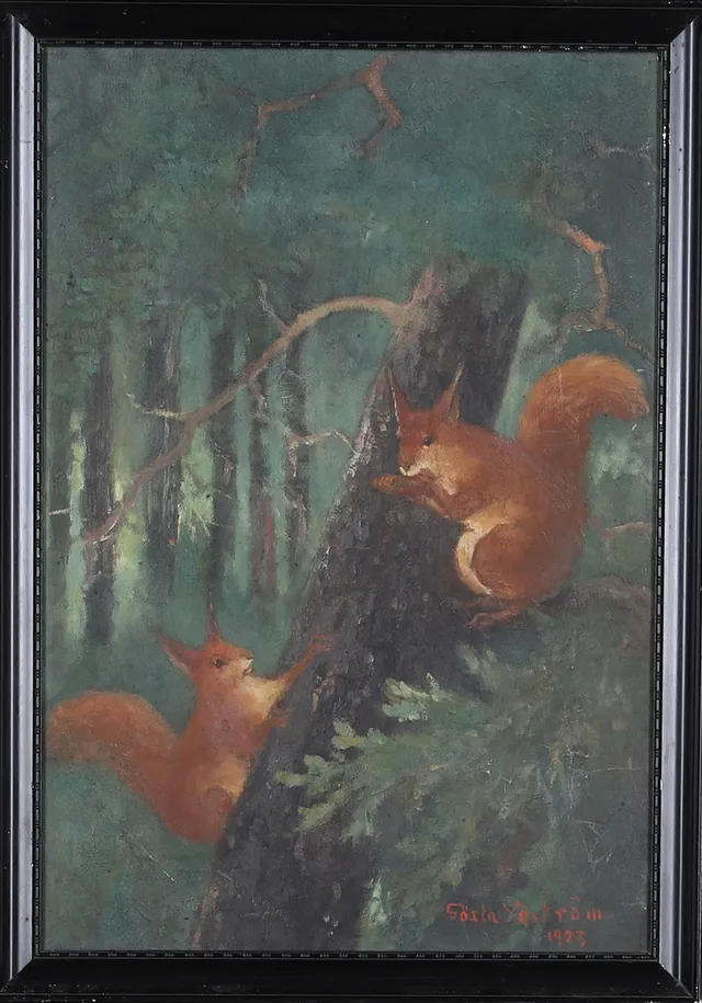GÖSTA YDSTRÖM. Olja på duk, Ekorrar, signerad och daterad 1923.