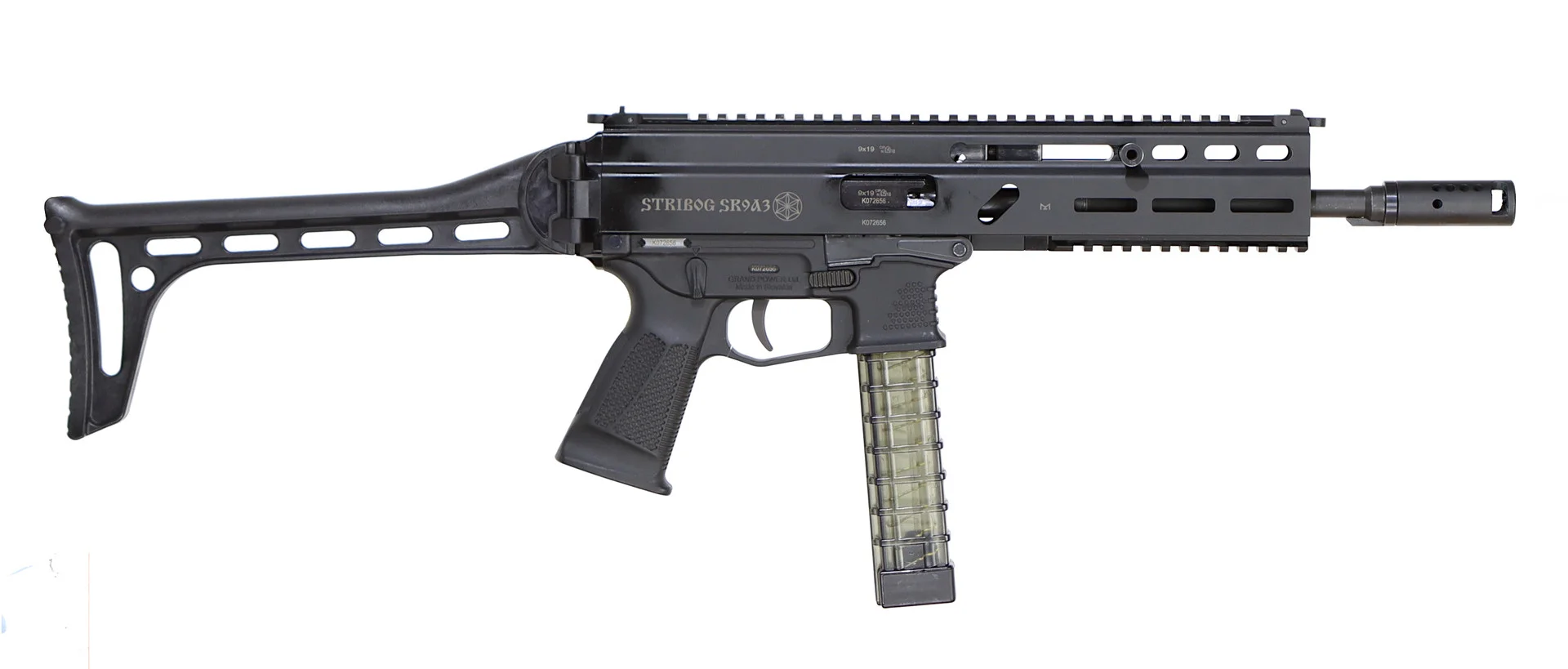 KULGEVÄR, Halvautomatisk, fabrikat Grand Power, modell Stribog SRA3, kaliber 9x19, tillv.nr K072656, se-nr SE2951509. — Military weapons — Walter Borg
