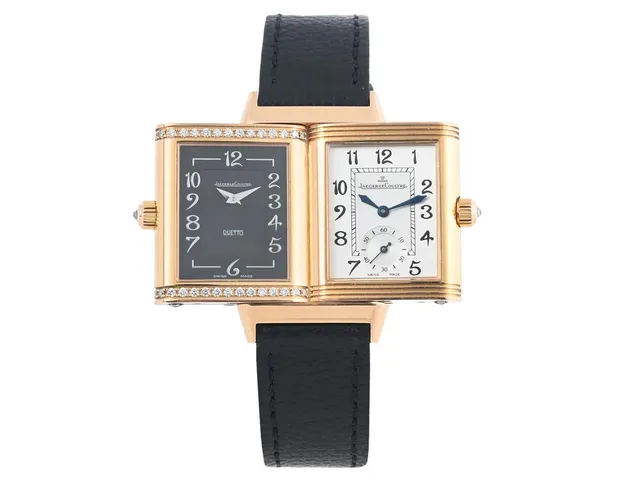 JAEGER-LE COULTRE, Reverso, Duetto Classique, Cal 865, Serie nr. 2454553, Ref nr. 256.24.01, Boett nr. 256.2.75, damur, 23 x 33 (38,7) mm, 18K rosa guld, manuell, safirglas, briljanter på boetten (32 st. TW/VVS, ca 0,31 ctv), diamant på krona, läderband, viklås i 18K rosa guld, ca 2007.