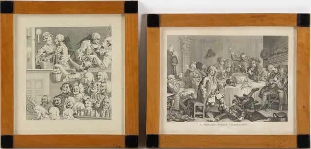 WILLIAM HOGARTH. EFTER. Gravyrer, 2 st, "The Laughing Audience" och "A Midnight Modern Conversation", varav sisnämna graverad av Ernst Ludwig Riepenhausen.