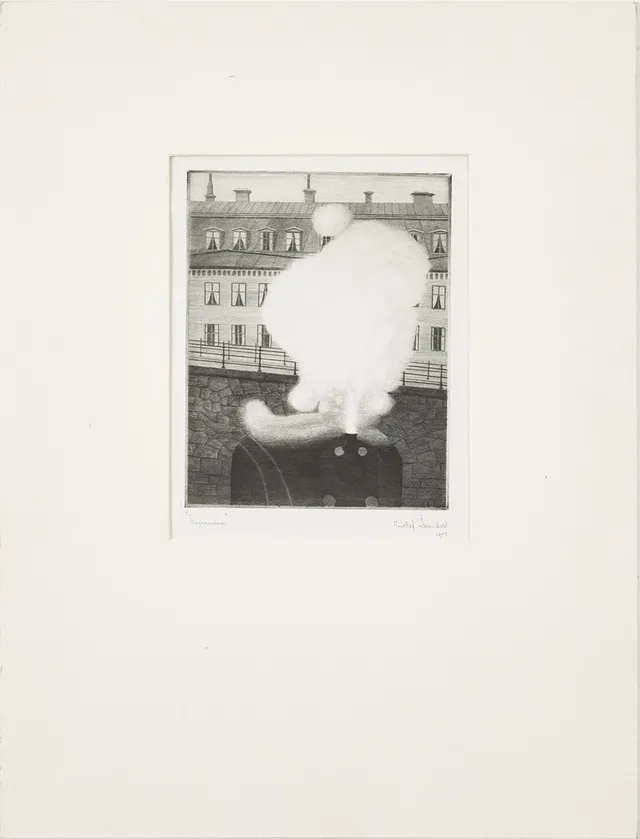 GUSTAF ISANDER (1863-1929). "Expansion" "Stockholmsbild" , torrnål, signerad och daterad 1922.