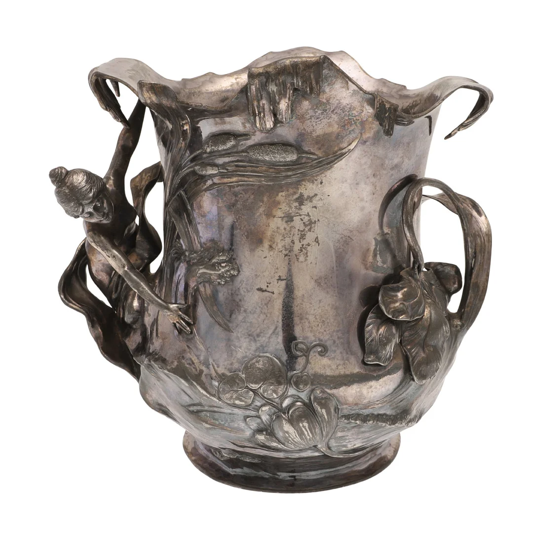 A LATE 19TH/EARLY 20TH CENTURY ART NOUVEAU SILVERED-METAL FIGURAL VASE BY WMF. — Silver plated — Lawrences Auctioneers