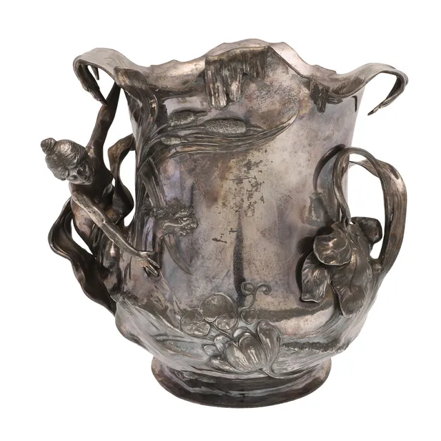 A LATE 19TH/EARLY 20TH CENTURY ART NOUVEAU SILVERED-METAL FIGURAL VASE BY WMF.