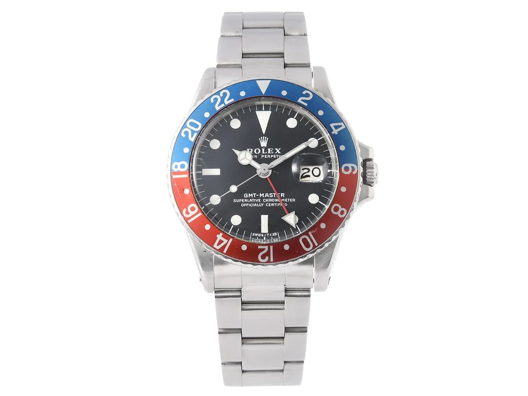 ROLEX, Oyster Perpetual, GMT-Master (Swiss-T<25), Chronometer, "Mark 2", Ref nr. 1675, Serie nr. 2991837, Cal 1570, Verk nr. 026677, Boett nr. 1675 (II.71), herrur, 39 mm, stål, automatisk, plexiglas, datum, Oysterlänk (2006), viklås, Ref nr. 78360-OP10/558 B, tillverkad andra kvartalet 1971. — Klockor/Rolex — Kaplans