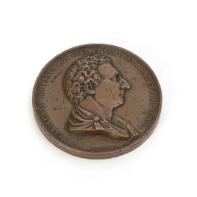 MINNESMEDALJ. Brons. Carl XIV Johan. 1843. Konungens 25-åriga regeringsjubileum.