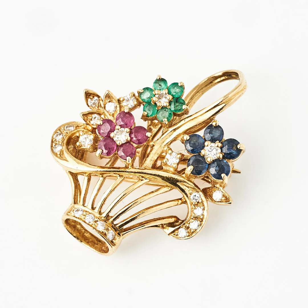 BROSCH/HÄNGE, så kallad giardinetto, 18K guld med smaragder, rubiner, safirer och diamanter, 1960-tal. — Brooches & Pendants — Stockholms Auktionsverk Magasin 5