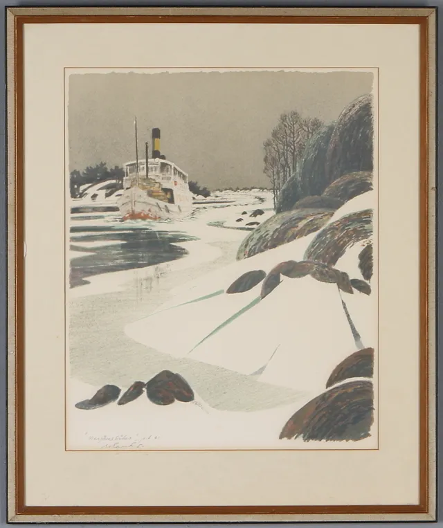 ROLAND SVENSSON. "Menföresbåten", färglitografi, provtryck, signerad och daterad -61.